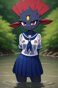 1girl :3 animal_ears arms_behind_back artist:furryfunparty blue_neckerchief blue_sailor_collar blue_skirt blush breasts closed_mouth covered_nipples fang_out female forehead_jewel furry furry_female looking_at_viewer nipples outdoors pleated_skirt pokemon pokemon_(creature) red_eyes sailor_collar school_uniform see-through serafuku shirt short_sleeves skirt smile solo standing wading water wet wet_clothes white_shirt // 512x768 // 106KB