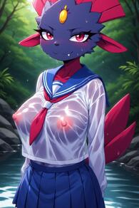 1girl animal_ears artist:furryfunparty blue_sailor_collar blue_skirt blush breasts closed_mouth fang fang_out female forehead_jewel furry furry_female large_breasts long_sleeves looking_at_viewer neckerchief nipples outdoors pleated_skirt pokemon pokemon_(creature) red_eyes sailor_collar school_uniform see-through serafuku shirt skirt smile solo tail water wet wet_clothes white_shirt // 512x768 // 132KB