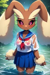 1girl animal_ears animal_nose artist:furryfunparty black_sclera blue_sailor_collar blue_skirt blush breasts brown_fur closed_mouth colored_sclera covered_nipples female furry furry_female looking_at_viewer neckerchief nipples no_bra outdoors pleated_skirt pokemon pokemon_(creature) rabbit_ears rabbit_girl sailor_collar school_uniform see-through serafuku shirt skirt smile solo wading water wet wet_clothes wet_shirt white_shirt // 512x768 // 140KB