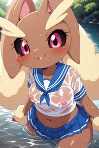 1girl animal_ears animal_nose artist:furryfunparty black_sclera blue_neckerchief blue_sailor_collar blue_skirt blush breasts brown_fur colored_sclera covered_nipples female furry furry_female looking_at_viewer medium_breasts navel neckerchief nipples outdoors pleated_skirt pokemon pokemon_(creature) rabbit_ears rabbit_girl sailor_collar school_uniform see-through serafuku shirt short_sleeves skirt smile solo two-tone_fur water wet wet_clothes wet_shirt white_shirt // 512x768 // 135KB
