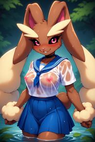 1girl animal_ears artist:furryfunparty black_choker black_sclera blue_neckerchief blue_sailor_collar blue_skirt blush breasts brown_fur choker collarbone colored_sclera female furry furry_female looking_at_viewer neckerchief nipples no_bra outdoors pink_eyes pleated_skirt pokemon pokemon_(creature) rabbit_ears rabbit_girl rabbit_tail sailor_collar school_uniform see-through serafuku shirt short_sleeves skirt smile solo tail two-tone_fur water wet wet_clothes wet_shirt white_shirt // 512x768 // 132KB