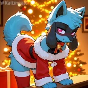 1girl animal_ears artist_name bare_shoulders bell blue_fur blurry blurry_background blush body_fur bow bowtie bright_pupils christmas christmas_tree closed_mouth dress fang fur-trimmed_dress fur-trimmed_sleeves fur_trim furry furry_female gift indoors long_sleeves looking_at_viewer neck_bell off-shoulder_dress off_shoulder pokemon_(creature) red_bow red_bowtie red_dress red_eyes red_thighhighs short_dress solo tail thighhighs white_pupils zettai_ryouiki // 1536x1536 // 134KB