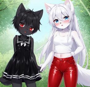 2girls animal_ear_fluff animal_ears artist:furryfunparty black_dress black_hair blue_eyes blush cat_ears cat_girl character:ash character:yuki crossdressing dress femboy furry furry_female holding_hands loli long_hair multiple_girls navel open_mouth outdoors pants red_eyes short_hair shota sleeveless tail white_hair // 768x744 // 173KB