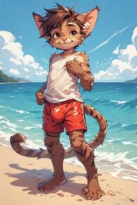 1boy animal_ears artist:furryfunparty beach blue_sky boy brown_eyes brown_hair bulge cat_boy cat_ears cloud day full_body furry furry_male male_focus ocean outdoors red_shorts shorts sky smile solo swimsuit tail young // 512x768 // 160KB