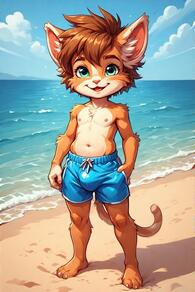1boy animal_ears artist:furryfunparty beach body_fur boy brown_hair bulge cat_boy cat_ears cat_tail day full_body furry furry_male looking_at_viewer male_focus male_swimwear navel nipples ocean outdoors sand short_hair shota sky smile solo standing swim_trunks swimsuit tail topless_male water young // 512x768 // 139KB