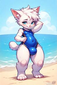 1boy animal_ears artist:furryfunparty beach blue_eyes blush boy bulge cat_boy cloud covered_navel full_body furry furry_male looking_at_viewer male_focus one-piece_swimsuit outdoors shota sky smile solo standing swimsuit tail white_hair young // 512x768 // 114KB