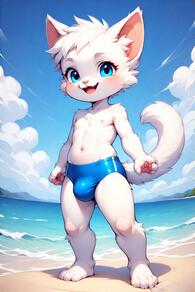 1boy animal_ears artist:furryfunparty beach blue_eyes boy bulge cat_boy cat_ears day full_body furry furry_male looking_at_viewer male_focus male_swimwear navel nipples open_mouth outdoors shota sky smile solo standing swim_briefs swimsuit tail topless_male white_fur young // 512x768 // 115KB