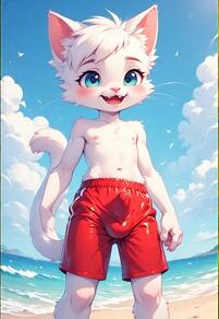1boy animal_ears artist:furryfunparty beach blue_eyes blue_sky blush boy bulge cat_boy cat_ears cat_tail day erection fangs furry furry_male looking_at_viewer male_focus male_swimwear navel nipples ocean open_mouth outdoors shorts shota sky solo swimsuit tail topless_male young // 512x744 // 117KB