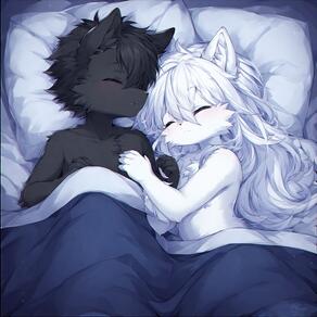 1boy 1girl animal_ears artist:furryfunparty black_hair character:ash character:yuki closed_eyes closed_mouth furry furry_male furry_with_furry loli long_hair lying pillow shota sleeping under_covers white_fur white_hair wolf young // 768x768 // 177KB