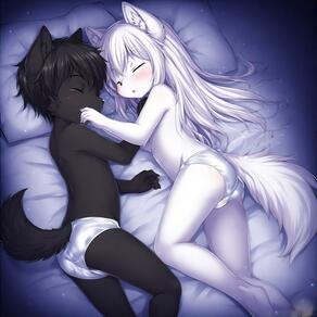 1boy 1girl animal_ear_fluff animal_ears artist:furryfunparty ass character:ash character:yuki child_on_child closed_eyes furry furry_female furry_male legs loli long_hair lying on_side panties pillow short_hair shota sleeping tail topless underwear underwear_only white_hair white_panties wolf young // 768x768 // 161KB