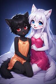 1boy 1girl 2girls animal_ear_fluff animal_ears artist:furryfunparty black_fur black_hair blue_eyes character:ash character:yuki femboy furry furry_female loli long_hair looking_at_viewer multiple_girls nightgown open_mouth pajamas red_eyes short_hair shota sitting smile tail white_hair wolf_ears wolf_tail // 512x768 // 122KB