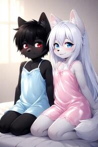 1boy 1girl animal_ear_fluff animal_ears artist:furryfunparty black_hair blue_eyes blush character:ash character:yuki femboy furry furry_female loli long_hair pajamas red_eyes short_hair shota sitting smile tail white_hair // 512x768 // 104KB