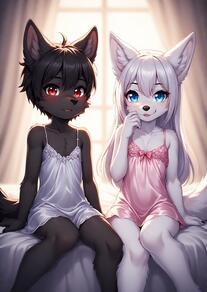 1boy 1girl 2girls animal_ear_fluff animal_ears artist:furryfunparty black_hair blue_eyes body_fur character:ash character:yuki femboy furry furry_female indoors loli long_hair looking_at_viewer multiple_girls open_mouth pajamas red_eyes short_hair shota sitting smile tail white_hair window // 512x722 // 111KB