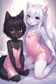 1boy 1girl 2girls animal_ears artist:furryfunparty black_hair blue_eyes blush character:ash character:yuki dog_ears fang femboy furry furry_female loli long_hair looking_at_viewer multiple_girls open_mouth pajamas red_eyes short_hair shota sitting smile tail white_hair // 512x768 // 139KB