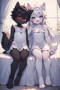 1boy 1girl 2girls ahoge animal_ear_fluff animal_ears artist:furryfunparty barefoot black_fur black_hair blue_eyes blush body_fur breasts character:ash character:yuki covered_navel femboy full_body furry furry_female indoors loli long_hair looking_at_viewer multiple_girls open_mouth pajamas red_eyes short_hair shota sitting small_breasts smile tail white_hair window // 512x768 // 140KB