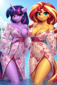 2girls artist:furryfunparty bare_shoulders blonde_hair blue_hair blue_sky breasts character:sunset_shimmer character:twilight_sparke(mlpfim) closed_mouth collarbone colored_skin day female floral_print furry furry_female horns japanese_clothes kimono large_breasts lesbian long_hair looking_at_viewer medium_breasts multicolored_hair multiple_girls my_little_pony nipples off_shoulder outdoors personification purple_eyes purple_hair red_hair sash see-through single_horn sky smile standing streaked_hair tail two-tone_hair wading water wet wet_clothes wide_sleeves yellow_skin yuri // 512x768 // 171KB