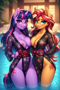 2girls animal_ears arm_around_waist artist:furryfunparty asymmetrical_docking blue_eyes blue_hair blurry breast_press breasts character:sunset_shimmer character:twilight_sparke(mlpfim) collarbone colored_skin female floral_print furry furry_female grin horns horse_ears japanese_clothes kimono large_breasts leg_tattoo lesbian long_hair long_sleeves looking_at_viewer medium_breasts multicolored_hair multiple_girls my_little_pony nipples no_bra no_panties parted_lips pink_hair purple_eyes purple_hair red_hair sash single_horn smile snout standing streaked_hair tail tattoo two-tone_hair wading water yuri // 512x768 // 164KB