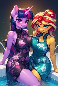 2girls animal_ears artist:furryfunparty asymmetrical_docking blonde_hair breast_press breasts character:sunset_shimmer character:twilight_sparke(mlpfim) dress female floral_print furry furry_female horns large_breasts lesbian long_hair looking_at_viewer multicolored_hair multiple_girls my_little_pony pool purple_eyes purple_hair single_horn smile snout streaked_hair water yuri // 512x768 // 181KB
