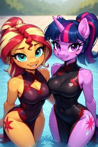 2girls animal_ears artist:furryfunparty black_dress blonde_hair blue_hair breasts character:sunset_shimmer character:twilight_sparke(mlpfim) china_dress chinese_clothes cleavage cleavage_cutout clothing_cutout covered_navel dress female furry furry_female horns lesbian looking_at_viewer medium_breasts multicolored_hair multiple_girls my_little_pony ponytail purple_eyes red_hair single_horn smile streaked_hair water yuri // 512x768 // 147KB