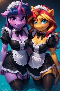 2girls animal_ears apron artist:furryfunparty black_bow black_bowtie black_dress blonde_hair blue_hair bow bowtie breasts character:sunset_shimmer character:twilight_sparke(mlpfim) cleavage colored_skin dress female frilled_dress frills furry furry_female garter_straps horns lesbian long_hair looking_at_viewer maid maid_apron maid_headdress medium_breasts multicolored_hair multiple_girls my_little_pony pink_hair puffy_short_sleeves puffy_sleeves purple_eyes purple_hair short_sleeves single_horn smile streaked_hair tail thighhighs wading waist_apron water white_apron wrist_cuffs yuri // 512x768 // 152KB