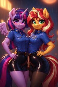 2girls animal_ears artist:furryfunparty belt black_skirt blue_shirt breasts character:sunset_shimmer character:twilight_sparke(mlpfim) female furry furry_female green_eyes hand_on_own_hip horns horse_ears horse_tail lesbian long_hair looking_at_viewer medium_breasts miniskirt multicolored_hair multiple_girls my_little_pony pantyhose pencil_skirt police police_uniform purple_eyes purple_hair rain shirt short_sleeves single_horn skirt smile streaked_hair tail wet wet_clothes wings yuri // 512x768 // 143KB