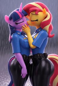 2girls artist:furryfunparty belt black_pants character:sunset_shimmer character:twilight_sparke(mlpfim) closed_eyes colored_skin female furry furry_female horns kiss lesbian multicolored_hair multiple_girls my_little_pony pants police police_uniform policewoman rain tail uniform wet wet_clothes yellow_skin yuri // 512x759 // 126KB