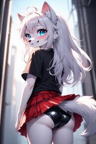 1girl ahoge animal_ear_fluff animal_ears artist:furryfunparty ass black_panties black_shirt blue_eyes blush character:yuki from_behind furry furry_female grin loli long_hair looking_at_viewer looking_back outdoors panties plaid plaid_skirt pleated_skirt red_skirt shirt short_sleeves skirt smile solo tail thighhighs underwear upskirt white_hair young // 512x768 // 117KB