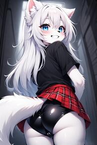 1girl animal_ear_fluff animal_ears artist:furryfunparty ass black_shirt blue_eyes blush character:yuki from_behind furry furry_female grin loli long_hair looking_at_viewer looking_back panties plaid plaid_skirt pleated_skirt red_skirt shirt short_sleeves skirt smile solo tail upskirt white_hair young // 512x768 // 120KB
