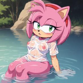 1girl animal_ears animal_nose artist:furryfunparty blush breasts character:amy_rose covered_nipples female furry furry_female green_eyes hairband looking_at_viewer medium_breasts nipples open_mouth outdoors partially_submerged pink_fur red_hairband see-through shirt sitting solo tail water wet wet_clothes wet_shirt white_gloves white_shirt // 768x768 // 161KB