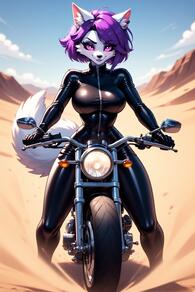 1girl animal_ear_fluff animal_ears animal_nose artist:furryfunparty black_bodysuit blue_sky body_fur bodysuit breasts character:violet day desert female furry furry_female large_breasts leather looking_at_viewer motor_vehicle motorcycle outdoors purple_eyes purple_hair shiny_clothes short_hair sky smile solo tail white_fur zipper zipper_pull_tab // 512x768 // 134KB