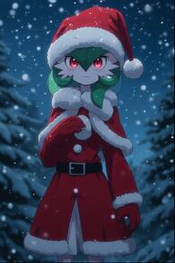 1girl artist:furryfunparty belt black_belt blush capelet character:gardevoir christmas closed_mouth clothed_pokemon cosplay dress fur-trimmed_capelet fur-trimmed_dress fur-trimmed_headwear fur_trim gloves green_hair hair_between_eyes hand_up hat looking_at_viewer night outdoors pokemon pokemon_(creature) red_capelet red_eyes red_headwear santa_costume santa_hat snow snowing solo standing // 512x768 // 113KB
