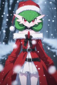 1girl artist:furryfunparty bare_shoulders belt black_belt black_choker blurry blush bob_cut character:gardevoir choker christmas closed_mouth clothed_pokemon collarbone colored_skin cosplay dress fur_trim green_hair hair_between_eyes hat long_sleeves looking_at_viewer off-shoulder_dress off_shoulder outdoors pokemon pokemon_(creature) red_eyes red_headwear santa_hat short_hair snow snowing solo standing straight-on white_skin // 512x768 // 120KB