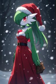 1girl alternate_hair_length alternate_hairstyle artist:furryfunparty bare_shoulders belt blurry blush breasts character:gardevoir christmas closed_mouth clothed_pokemon colored_skin cosplay dress fur-trimmed_headwear fur_trim green_hair hat holding holding_bag long_hair looking_at_viewer night outdoors pokemon pokemon_(creature) red_dress red_eyes red_headwear santa_hat snow snowing solo standing strapless_dress tree white_skin // 512x768 // 108KB