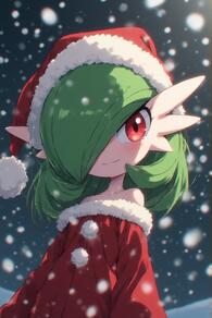 1girl artist:furryfunparty bare_shoulders blush character:gardevoir christmas closed_mouth clothed_pokemon cosplay dress fur-trimmed_dress fur-trimmed_headwear fur_trim green_hair hair_over_one_eye happy hat off-shoulder_dress off_shoulder outdoors pokemon pokemon_(creature) pom_pom_(clothes) red_dress red_eyes red_headwear santa_costume santa_hat smile snow snowing solo upper_body // 512x768 // 117KB