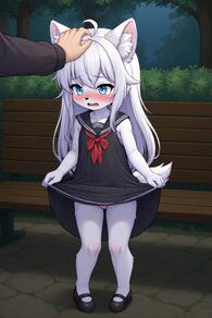 1girl ahoge animal_ear_fluff animal_ears artist:furryfunparty black_dress black_footwear blue_eyes blush character:yuki clothes_lift dress dress_lift female furry furry_female headpat lifted_by_self loli long_hair mary_janes open_mouth outdoors panties petite pink_panties shoes sleeveless sleeveless_dress solo_focus tail underwear white_hair wolf young // 512x768 // 116KB