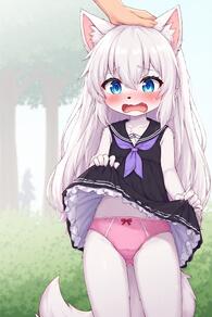 1girl animal_ear_fluff animal_ears artist:furryfunparty black_dress blue_eyes blush bow_panties character:yuki clothes_lift dress dress_lift female furry furry_female headpat lifted_by_self loli long_hair open_mouth outdoors panties petite pink_panties sleeveless solo_focus tail underwear white_hair wolf young // 512x768 // 121KB