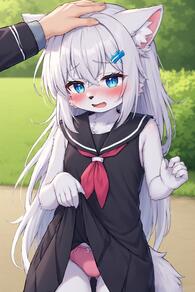 1girl animal_ear_fluff animal_ears artist:furryfunparty blue_eyes blush bow_panties character:yuki clothes_lift dress dress_lift female furry furry_female hair_ornament hairclip headpat lifted_by_self loli long_hair neckerchief open_mouth outdoors panties petite pink_panties sailor_collar sleeveless sleeveless_dress solo_focus tail underwear white_fur white_hair wolf young // 512x768 // 139KB