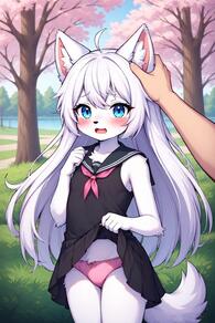 1girl ahoge animal_ear_fluff animal_ears artist:furryfunparty black_shirt black_skirt blue_eyes blush body_fur bow_panties character:yuki cherry_blossoms clothes_lift fang female furry furry_female lifted_by_self loli long_hair neckerchief open_mouth outdoors panties petite pink_panties pleated_skirt sailor_collar school_uniform serafuku shirt skirt skirt_lift sleeveless solo_focus tail tree underwear white_fur white_hair wolf young // 512x768 // 162KB
