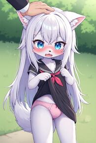 1girl 1other animal_ear_fluff animal_ears artist:furryfunparty black_shirt blue_eyes blush bow_panties character:yuki clothes_lift dress dress_lift fangs female furry furry_female headpat lifted_by_self loli long_hair open_mouth outdoors panties petite pink_panties shirt short_sleeves tail underwear white_hair wolf young // 512x768 // 128KB