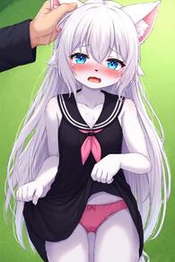 1girl animal_ear_fluff animal_ears artist:furryfunparty black_dress blue_eyes blush bow_panties character:yuki clothes_lift dress dress_lift fangs female furry furry_female lifted_by_self loli long_hair open_mouth panties petite pink_panties sleeveless sleeveless_dress solo_focus tail tears underwear white_fur white_hair wolf young // 512x768 // 137KB