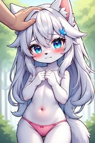 1girl animal_ear_fluff animal_ears artist:furryfunparty blue_eyes blush bow bow_panties character:yuki female furry furry_female hair_ornament headpat loli long_hair navel outdoors panties petite pink_panties solo_focus tail topless underwear white_hair wolf young // 512x768 // 157KB