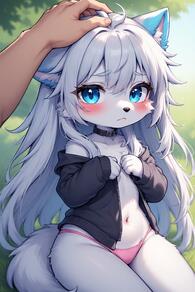 1girl :< animal_ears animal_nose artist:furryfunparty black_jacket blue_eyes blush body_fur character:yuki collar female furry furry_female jacket loli long_hair navel open_clothes outdoors panties petite pink_panties sitting solo_focus tail underwear white_fur white_hair wolf young // 512x768 // 139KB