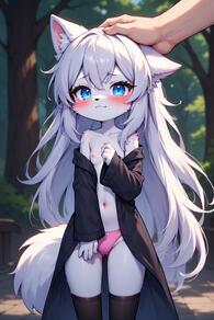 1girl animal_ear_fluff animal_ears animal_nose artist:furryfunparty black_coat black_thighhighs blue_eyes blush body_fur breasts character:yuki coat female furry furry_female headpat loli long_hair navel nipples open_clothes open_coat outdoors panties petite pink_panties small_breasts solo_focus tail thighhighs underwear white_hair wolf young // 512x768 // 141KB