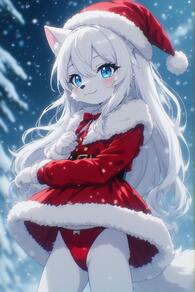 1girl animal_ears artist:furryfunparty blue_eyes blush bow bow_panties christmas dress fur-trimmed_dress fur_trim furry furry_female hat long_hair looking_at_viewer panties red_dress red_headwear red_panties santa_costume santa_hat smile snow snowing solo tail underwear white_fur white_hair wolf // 512x768 // 135KB