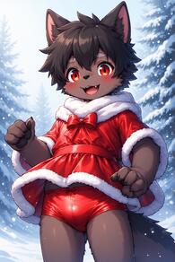 1boy animal_ears artist:furryfunparty blush boy bulge christmas dog_boy fangs furry furry_male looking_at_viewer male_focus open_mouth outdoors panties red_eyes shota snow solo tail underwear wolf // 512x768 // 158KB