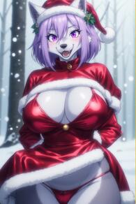 1girl animal_ears animal_nose artist:furryfunparty breasts christmas cleavage dress dress_lift fangs furry furry_female hat large_breasts looking_at_viewer open_mouth panties purple_eyes purple_hair red_panties santa_hat short_hair smile snow solo underwear white_fur wolf // 512x768 // 122KB