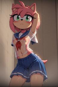1girl animal_ears arm_behind_head artist:furryfunparty blue_sailor_collar blue_skirt blush breasts character:amy_rose closed_mouth covered_nipples female furry furry_female green_eyes hairband looking_at_viewer navel neckerchief nipples no_bra pink_fur pleated_skirt sailor_collar school_uniform see-through see-through_shirt serafuku shirt short_sleeves skirt small_breasts solo tail wet wet_clothes wet_shirt white_shirt // 512x768 // 100KB