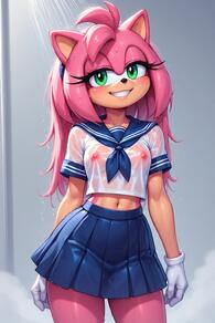 1girl animal_ears artist:furryfunparty blue_sailor_collar blue_skirt blush breasts character:amy_rose covered_nipples cowboy_shot crop_top female furry furry_female gloves green_eyes grin hairband long_hair looking_at_viewer midriff miniskirt navel neckerchief nipples no_bra pink_fur pink_hair pleated_skirt sailor_collar school_uniform see-through see-through_shirt serafuku shirt short_sleeves skirt smile solo standing teeth wet wet_clothes wet_shirt white_gloves // 512x768 // 122KB