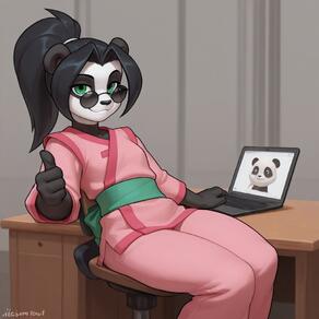 1girl animal_ears artist:Spazzle artist_name black_hair character:Li_Li_Stormstout computer furry furry_female green_eyes indoors laptop looking_at_viewer panda panda_ears ponytail sitting smile solo sunglasses tail thumbs_up // 1024x1024 // 89KB