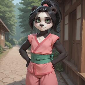 1girl animal_ears artist:Spazzle black_hair character:Li_Li_Stormstout furry furry_female green_eyes hands_on_own_hips japanese_clothes looking_at_viewer outdoors ponytail short_sleeves solo // 1024x1024 // 113KB